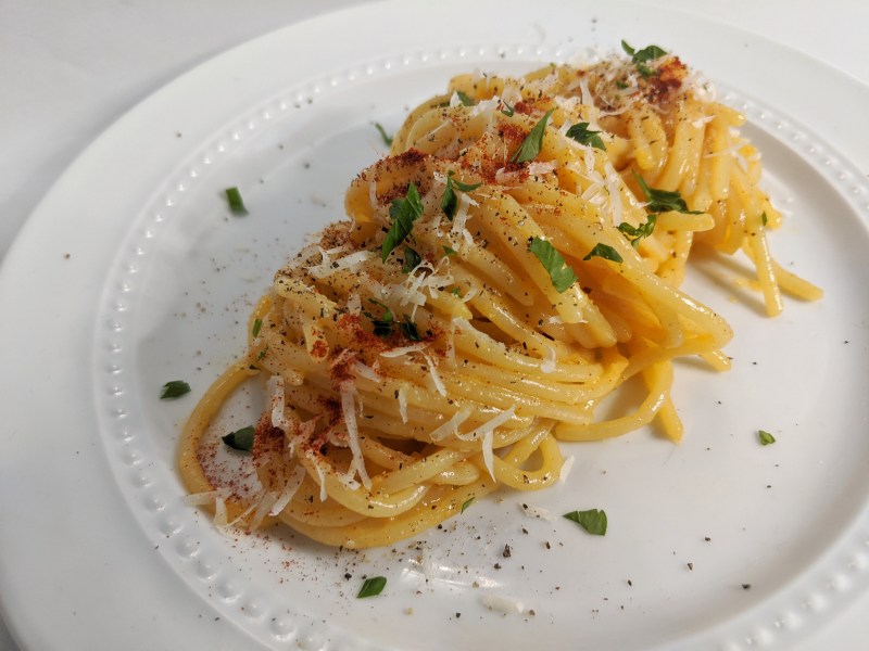 Smoky Vegetarian Spaghetti Carbonara - The Buslife Kitchen